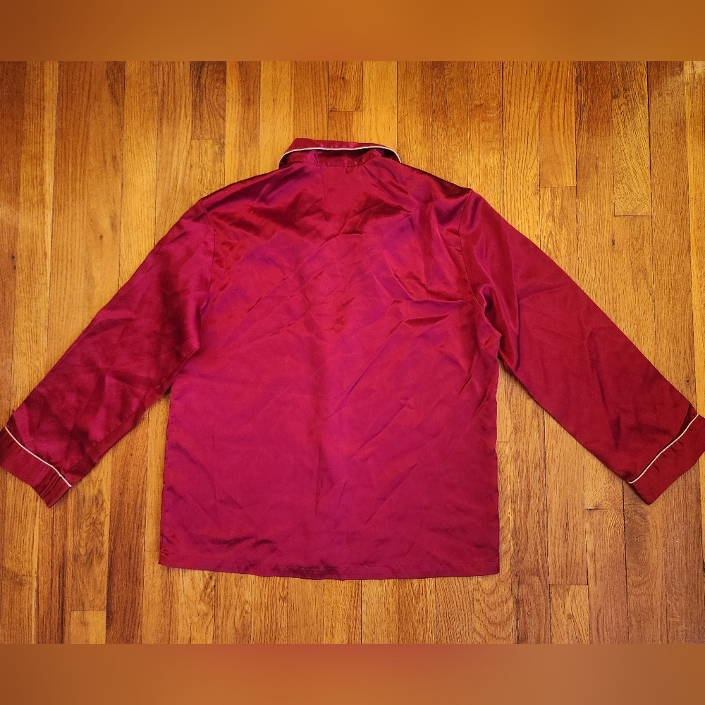 Burgundy Red Satin Long Sleeve Two Piece Pajama Pant Set w/White Trim Size M - Picture 6 of 13